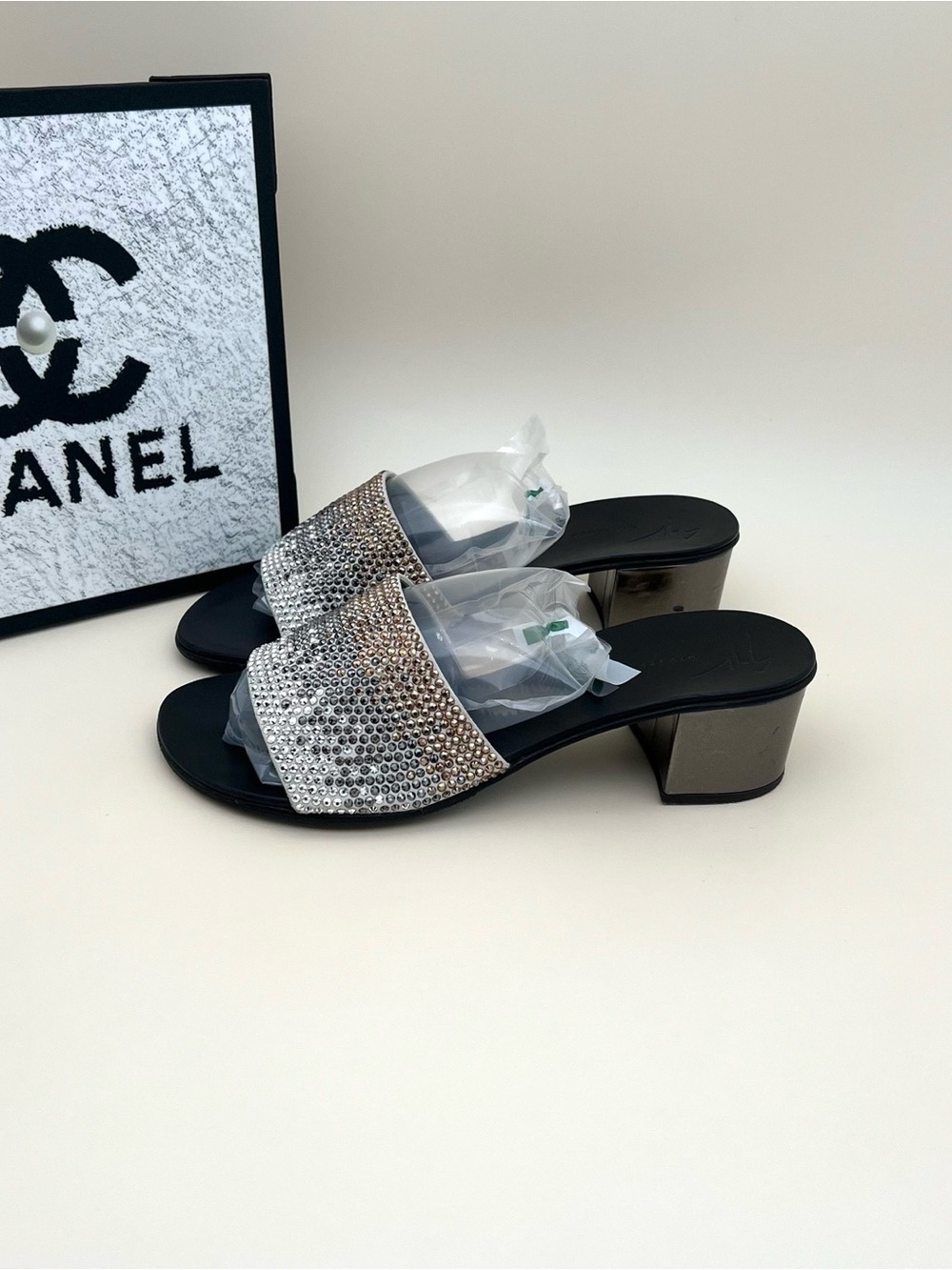 Giuseppe Zanotti Silver Crystal Slide Mules